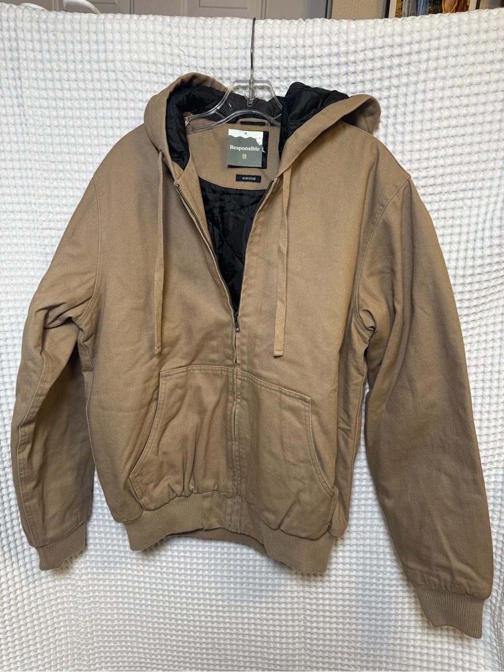RSQ Canvas Hooded Work Jacket Tan Oversized Quilted Bomber Coat, NWT Size Small